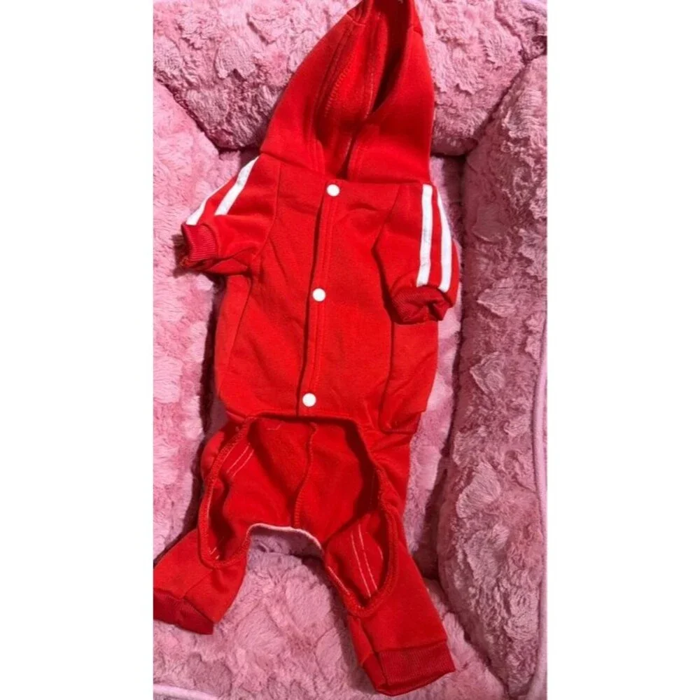 Y2K Dog Tracksuit Size L Red Smiley Hoodie 4 Leg Jumpsuit Sporty Pet Clothes